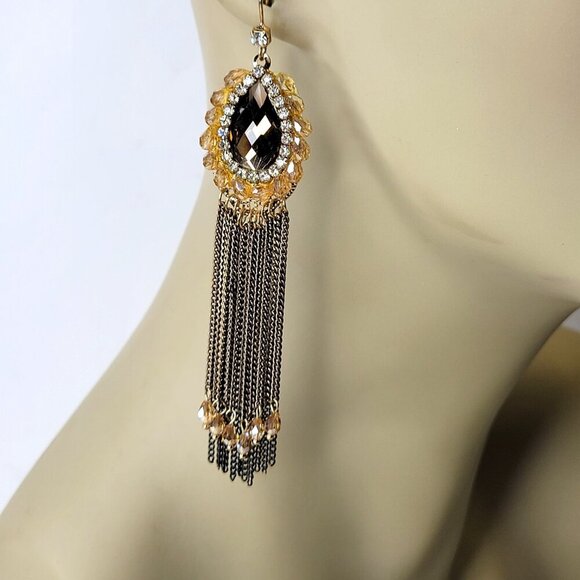 Gold and Black Long Tassel Earrings - Picture 4 of 9
